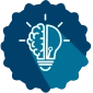 A graphic of a dark blue gear with another graphic of a lightbulb that is half bulb and half brain.