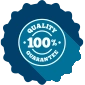 A graphic of a dark blue gear with a stamp in the middle that says "100% Quality Guarantee."