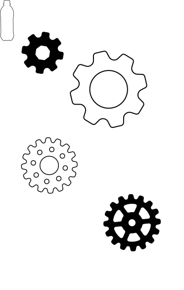 Animation of gears turning and progress drawings of a bottle being filled with more and more liquid.