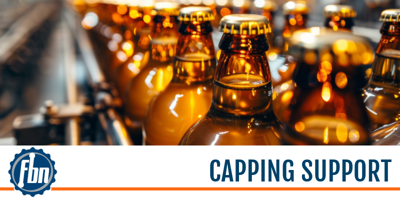 09.18.24-2 A blog banner image of bottles in a bottle filling production with the logo of FBN and the title "capping support" displayed.