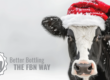 A cow with a Santa hat on out in the snow, with the logo of FBN Sales, Inc. in the bottom left corner.