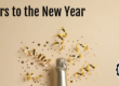 The top of a champagne bottle with glitter and streamers flowing out from it. The logo of FBN and the words "Cheers to the New Year" sit in opposite corners.