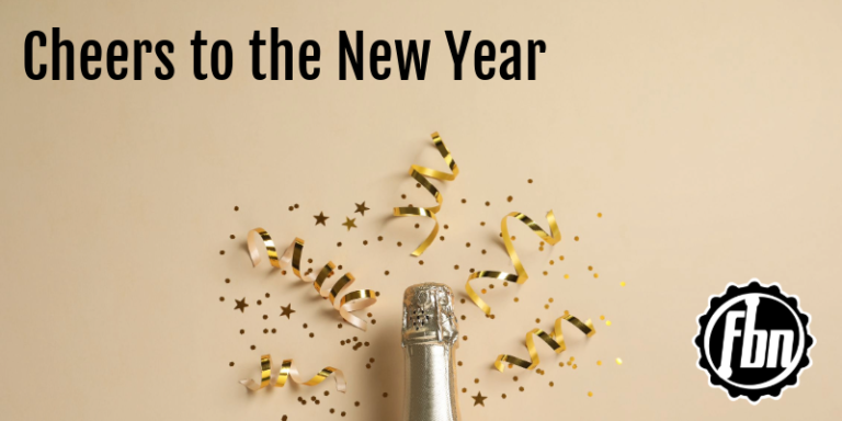 FBN-New-Year The top of a champagne bottle with glitter and streamers flowing out from it. The logo of FBN and the words "Cheers to the New Year" sit in opposite corners.